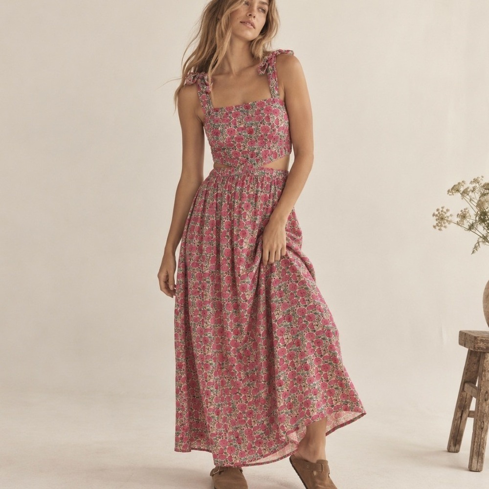 Natural Life Courtney Maxi Dress Cutout Floral Block Print Large Pink Boho Beach